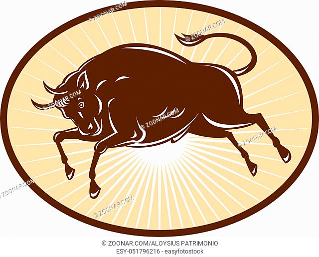illustration of a Texas Longhorn Bull attacking viewed from side set inside an ellipse done in retro style