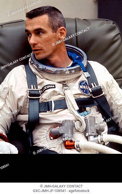 Astronaut Eugene A. Cernan, pilot of the Gemini-9 spaceflight, is suited up in preparation for tests with the Astronaut Maneuvering Unit (AMU)