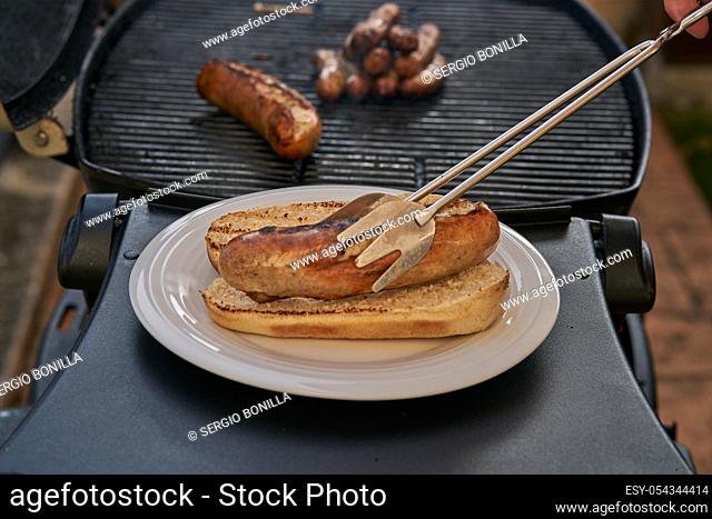Grilled Sausage on the flaming Grill. BBQ. Bearbeque outdoors. A sausage about to be put on the hot dog's bread after the barbecue. Barbecue Picnic