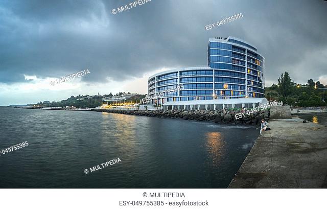 ODESSA, UKRAINE - 27.07.2018. Maristella marine residence on 10th station of the Big Fountain in a summer evening. Panorama view