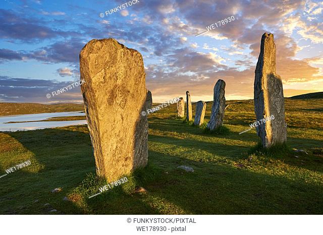 Outer row of stones, 27 metres long, leading to the central stone circle, circa 2900BC. Calanais Neolithic Standing Stone (Tursachan Chalanais) , Isle of Lewis