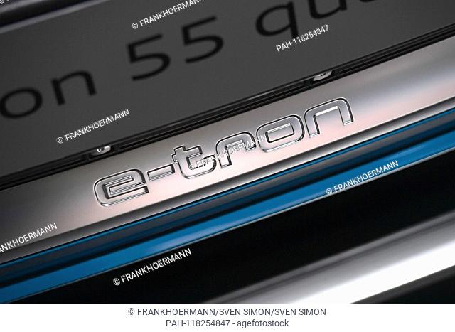 e-tron lettering of an e-tron 55 quattro. Annual Press Conference 2019 of the Audi AG Aktiengesellschaft in Ingolstadt on 14.03.2019