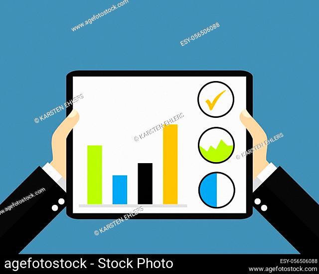 Two hands holding tablet with business data