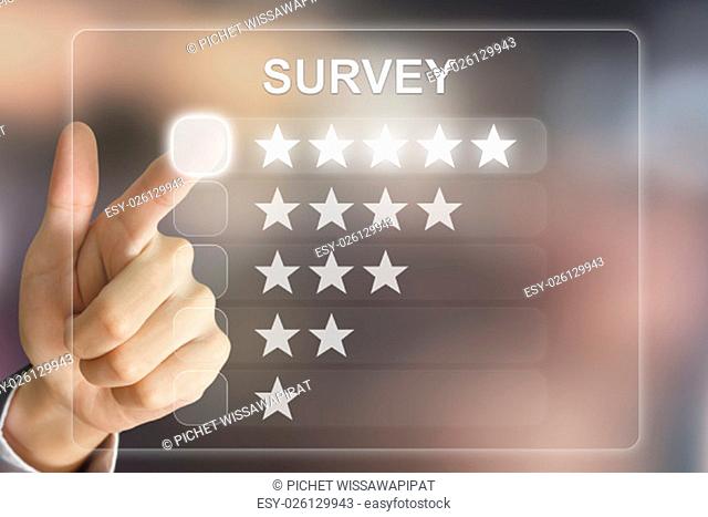 business hand clicking survey on virtual screen interface