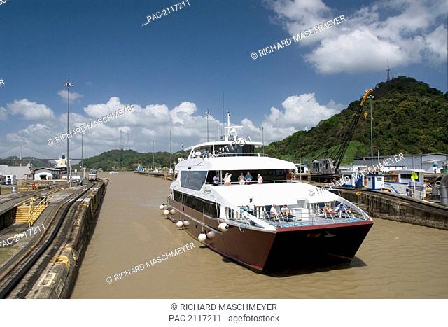 Panama, Panama Canal, Cruise Boat Entering Pedro Miguel Lock