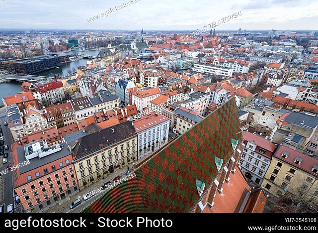 Panoramic view from Garrison Church in Old Town of Wroclaw, Poland