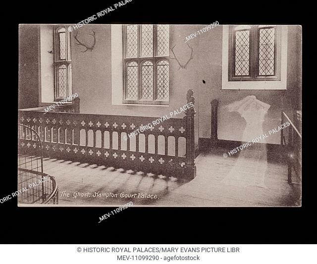 An early postcard depicting a 'ghost' in the Horn Room. The ghost is that of King Henry VIII's fifth wife, Catherine Howard