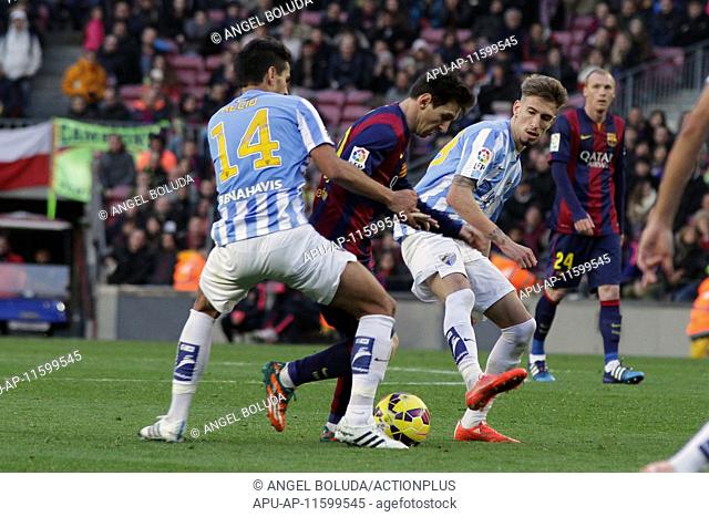 2015 La Liga Barcelona v Levante Feb 21st. 21.02.2015. Barcelona, Spain. La Liga. Barcelona versus Malaga. Messi in acton challenged by Recio