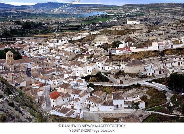 Panoramic view of Galera village in unspoilt cave country in mountainous region of northern Andalusia, between the Sierra Nevada and the Sierra de Castril