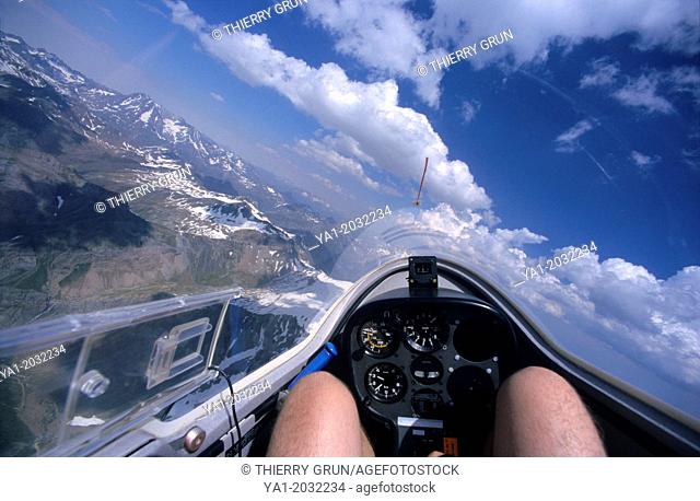 Inside view of glider plane flying over Pena Collarada mountains, Aragon, Spain