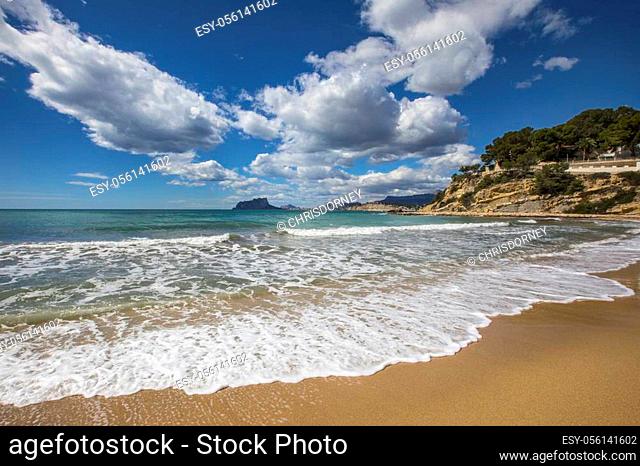 The view from El Portet Beach, also known as Playa del Portet or Cala El Portet in Moraira, the Costa Blanca region of Spain