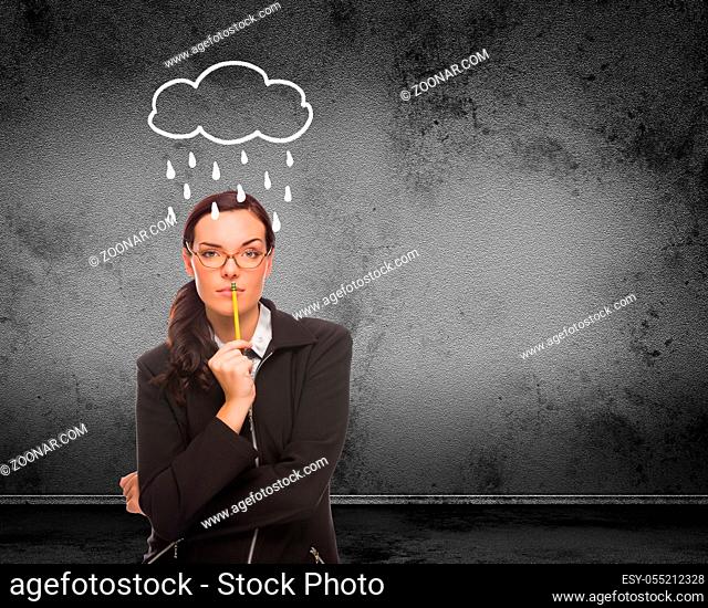 Rain and Cloud Drawn Above Head of Young Adult Woman With Pencil In Front of Wall with Copy Space