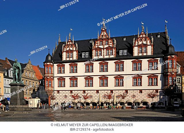 Magnificent Renaissance building, Stadthaus, built 1597-1601, Prince Albert Memorial, left, 1865, a present from Queen Victoria, Coburg, Upper Franconia