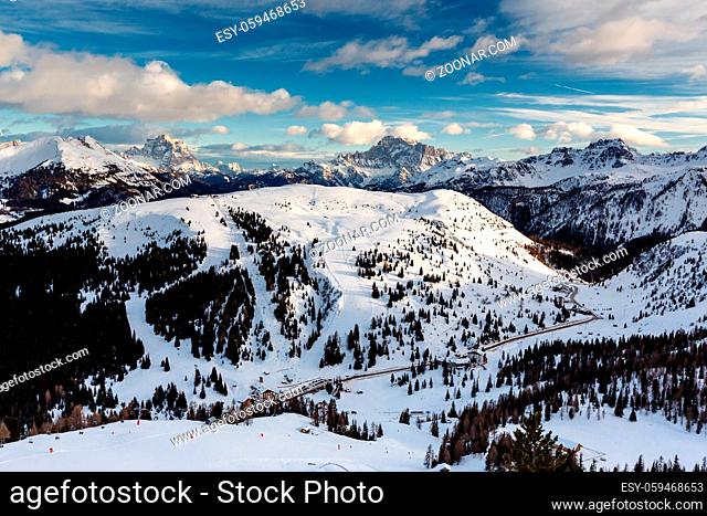 Passo Campolongo Valley near Skiing Resort of Arabba, Dolomites Alps, Italy