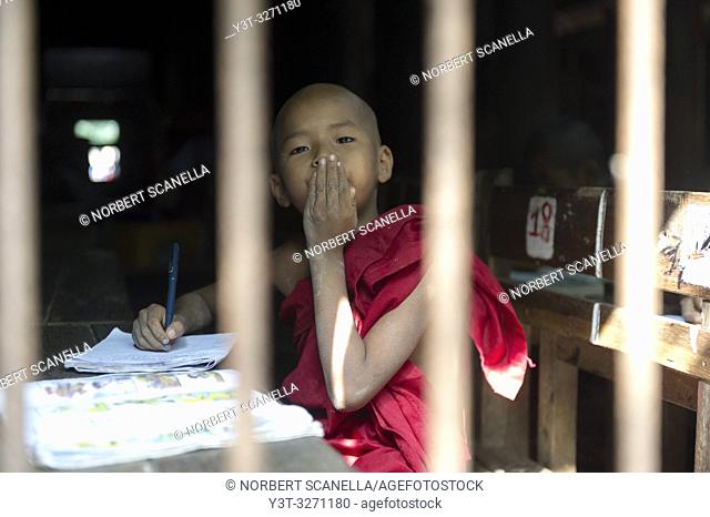 Myanmar (ex Birmanie). Inwa region of Mandalay. Bagayar monastery. Monastic school. Young monk