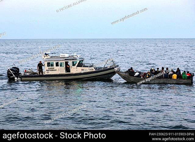 23 June 2023, Tunisia, Sfax: Tunisian Maritime National Guard intercept tiny boats carrying migrants trying to cross the Mediterranean Sea