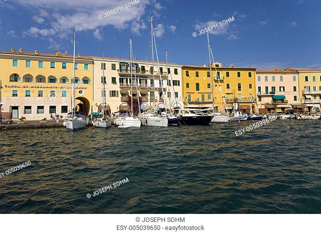 Colorful buildings and harbor of Portoferraio, Province of Livorno, on the island of Elba in the Tuscan Archipelago of Italy, Europe