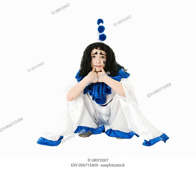 child in costume Pierrot isolated on white background