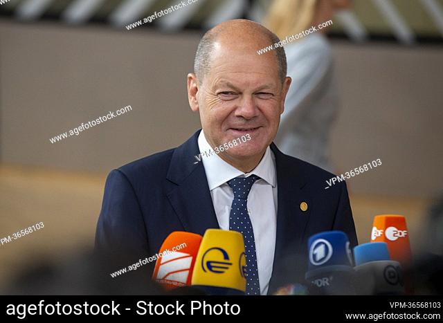Chancellor of Germany Olaf Scholz arrives for arrives for an EU-Western Balkan meeting, ahead of the European council summit, in Brussels, Thursday 23 June 2022