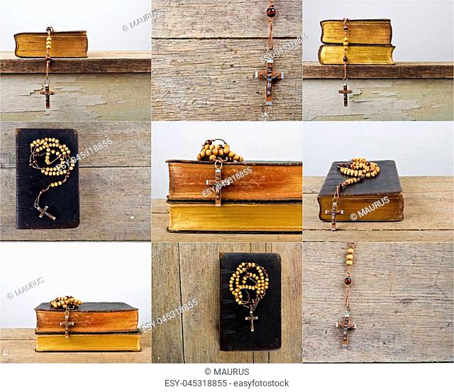 Set of rosary beads and breviary. The book of Catholic Church liturgy and rosary beads on the wooden table