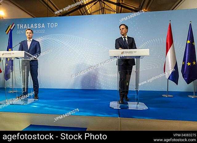 Prime Minister Alexander De Croo and Prime Minister of the Netherlands Mark Rutte pictured during a press conference after the Thalassa Top