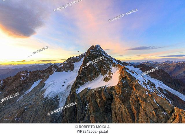 Aerial view of Monte Disgrazia at sunset, Valmalenco, Val Masino, Valtellina, Lombardy, province of Sondrio, Italy, Europe
