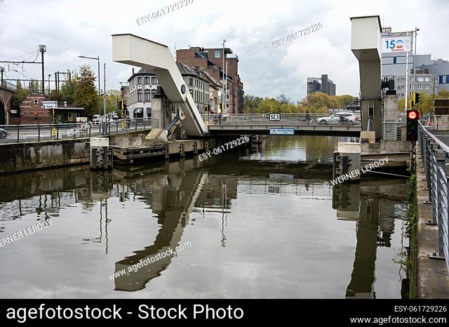 Aalst, Flemish Brabant, Belgium - The Saint Anna bridge reflecting in the water of the River Dender