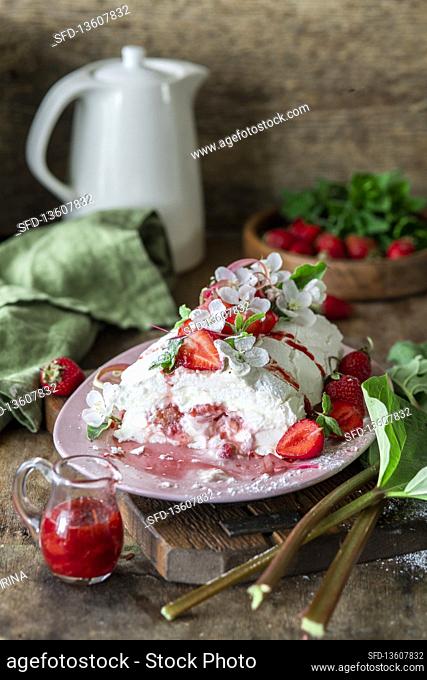 Meringue roll with rhubarb