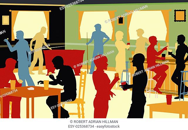 EPS8 editable vector cutout illustration of people drinking in a busy bar and enjoying typical pub games