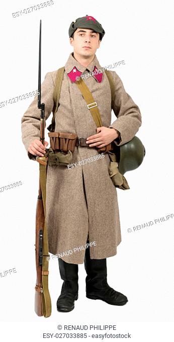 young Soviet soldier with winter uniform isolated on the white background