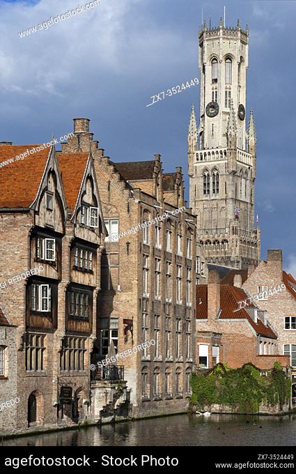 Rozenhoedkaai and water canal in Bruges Belgium. Hstoric city center of Brugge, often referred to as The Venice of the North