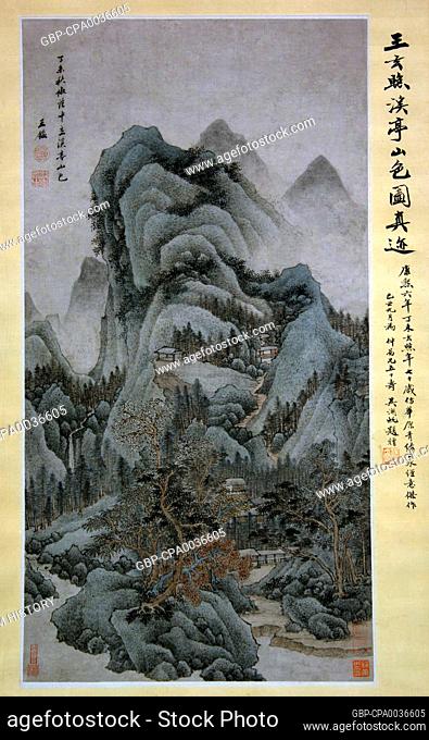 China: 'Mountain Scenery with Streams and Pavilions in the style of Fan Kuan'. Hanging scroll painting by Wang Jian (1598-1677), 1667