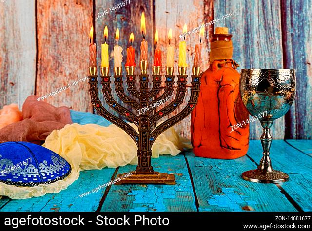 Jewish holiday, Holiday symbol Hanukkah Brightly Glowing Hanukkah Menorah soft focus