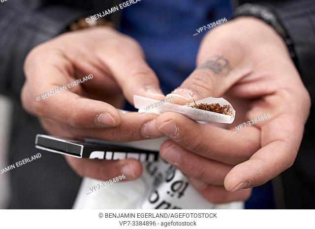Hands rolling a cigarette, close up