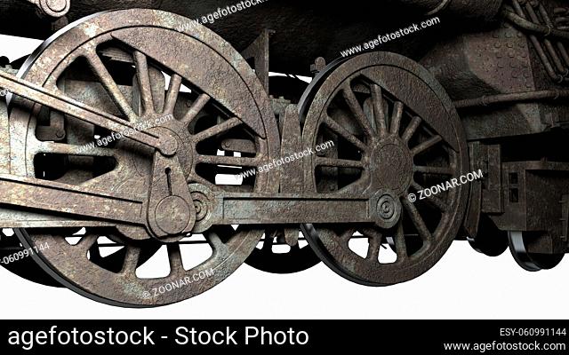 Wheels antique trains. Isolated on white. 3d render