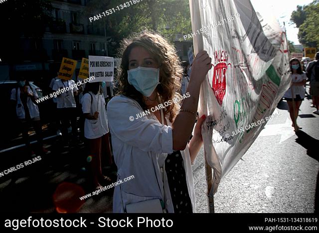 Madrid Spain; 27/07/2020.- Internal Resident Doctors (MIR) take to the streets for the third time this month to demand to negotiate with the Madrid government...