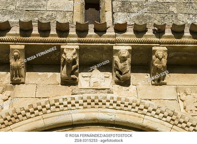 Facade and detail of the corbels representing the four evangelists, Church of San Pedro de Tejada, XII Century, the most beautiful Romanesque temple at Las...