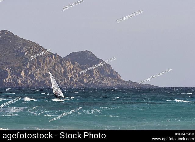 Windsurfers, strong wind, strong swell, mountains, choppy sea, Elafonissi beach, Southwest Crete, Crete Island, Greek Islands, Greece, Europe
