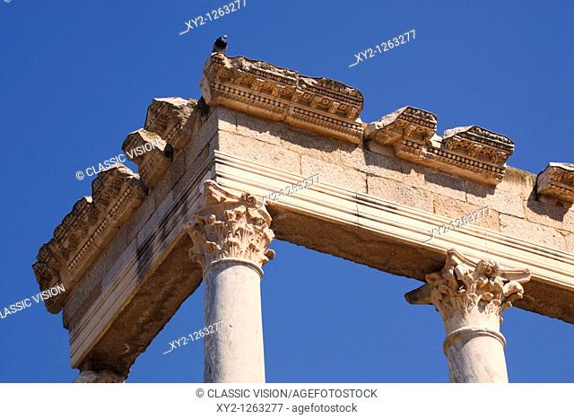 Merida, Badajoz Province, Spain  The Roman theatre built in the first century BC  Detail of colonnade behind the stage  Columns and architrave