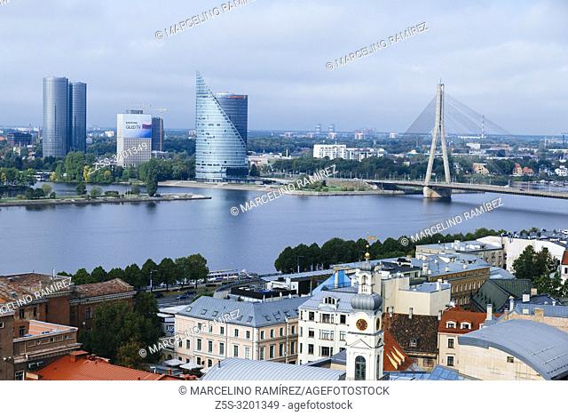 Riga old town from St. Peter's Church. The two banks of river Daugava, Latvia, Baltic states, Europe
