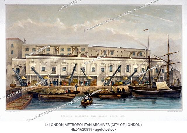 Brewer's Quay, Chester Quay and Galley Quay, Lower Thames Street, City of London, 1841. View with figures and vessels on the water