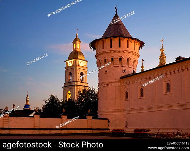 The evening view of the belfry and corner tower of the Seating courtyard (Gostiny Dvor). Tobolsk. Tyumen Oblast. Russia