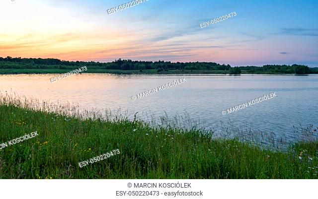 Panoramic view of Pogoria 4 lake at sunset in Dabrowa Gornicza, Poland