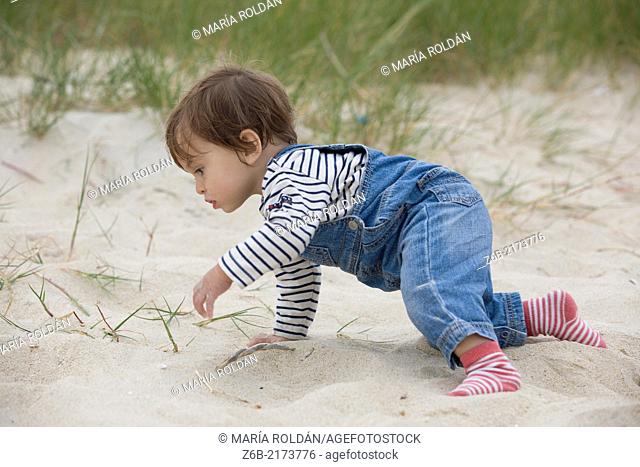 Baby, 11 Months, Crawl, Spain, Galicia, Corrubedo, Curious, Outdoors, beach, Toddler