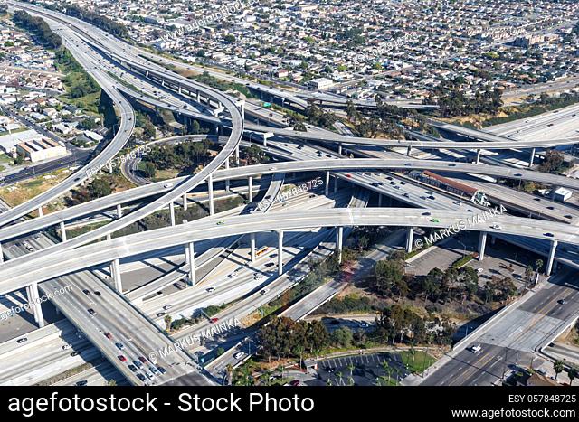 Century Harbor Freeway interchange intersection junction Highway Los Angeles roads traffic America city aerial top view photo