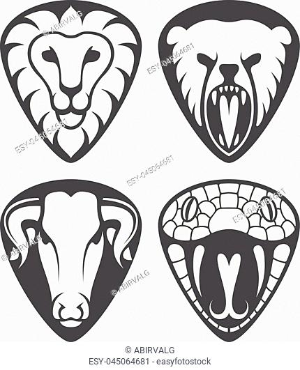 Cool animal heads for guitar pick design. Set of four heraldic wild animals