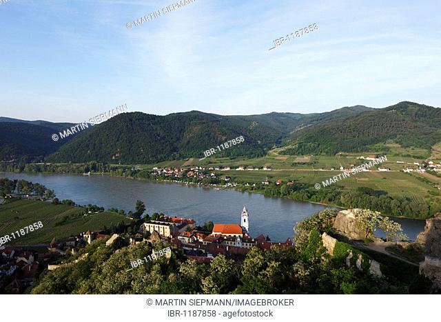 Duernstein, Danube river, panoramic view from the castle ruins, Wachau region, Lower Austria, Austria, Europe