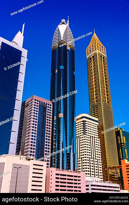 DUBAI, UNITED ARAB EMIRATES - FEB 6, 2019: Architecture od Trade Centre 2 or Dubai Financial Centre located in the western Dubai