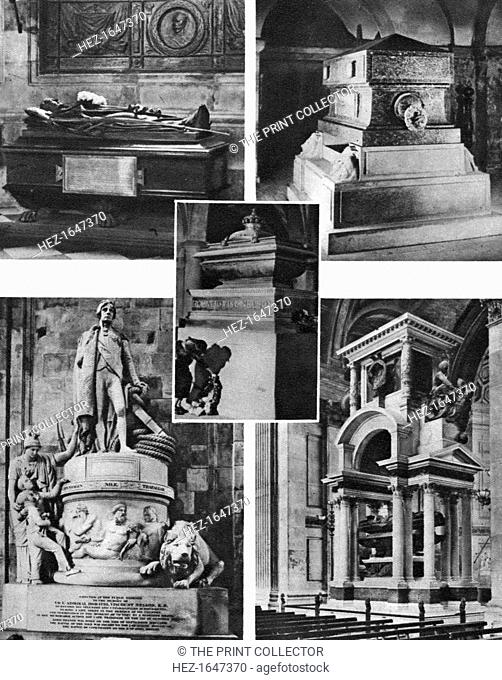 'Britain's glorious dead honoured by tomb and monument in St Paul's Cathedral', 1926-1927. Lord Nelson's monument and sarcophagus, Wellington's memorial