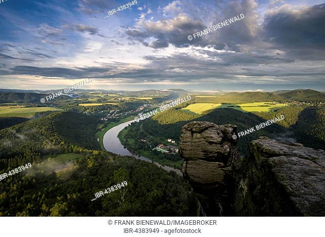 Elbsandsteingebirge and the river Elbe, seen from Lilienstein, Königstein, Saxony, Germany